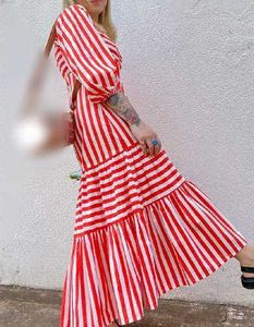 Red &amp; White Striped Puff Sleeve Maxi Dress