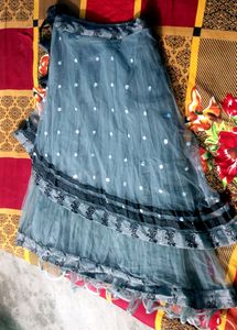 Grey &amp; Black Mirror Work Double Layer Lehnga Choli