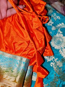 Stunning Orange &amp; Turquoise Blue Banarasi Silk Sar