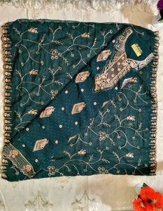 Semi Stitched Embroidery Suit With Stones Work
