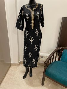 Black linen printed kurta