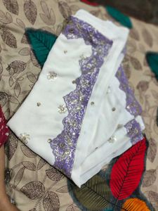 Elegant White &amp; Lilac Embroidered Saree