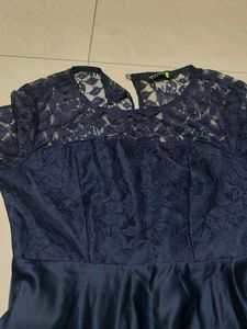 Navy Lace &amp; Satin Midi Dress
