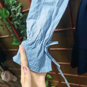 Blue Mini Dress with Striped Sleeves