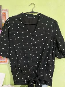 Charcoal Polka Dot Tie-Front Blouse