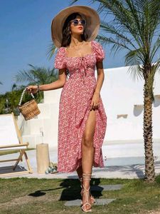 Summer New Floral Side Slit Puff Sleeve Dress