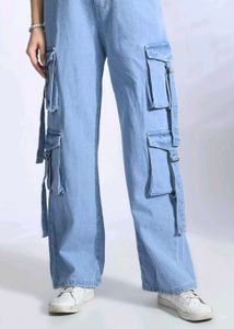 8 pocket Light Wash Denim Cargo Pants