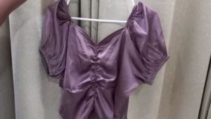 Purple Satin Ruched Top For Party Wear