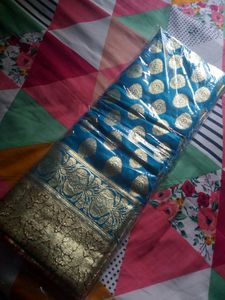Blue &amp; Red Katan Benarasi Heavy Saree
