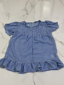 Blue Gingham Ruffle Hem Top
