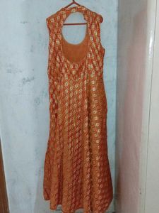 Clearance Sale! Orange Banarasi Sleeveless Gown