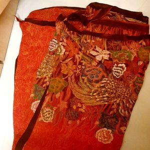 Bright Orangish Red Floral Cotton Saree