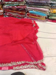 Red Saree with Silver Border