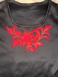 Elegant Black Blouse with Red Floral Embroidery