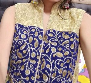 Blue &amp; Gold Embroidered Fabric
