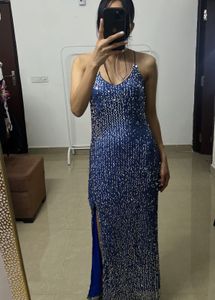 Backless Blue Sequins Strap Slit Midi Dress