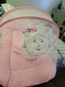 Pink Baby Mattress With Net And Pillow