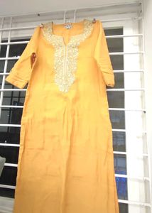 Mustard Yellow Cotton Embroidery Kurthi