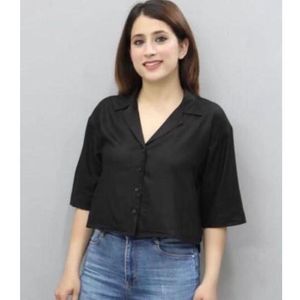 Cropped Black Button-Down Top