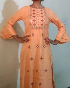 Peach Embroidered Kurta with Mirror Work