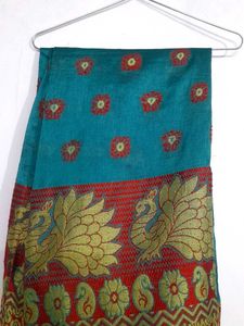 Vibrant Teal &amp; Red Peacock Motif Saree