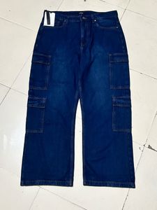 Men&#39;s Indigo Blue Washed Straight Fit CargoJeans