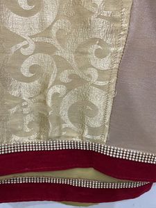 Golden With Maroon Strip Border Saree And Blouse