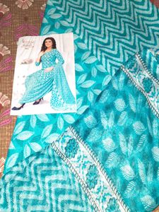 Teal Leaf Print Unstitched Salwar Suit