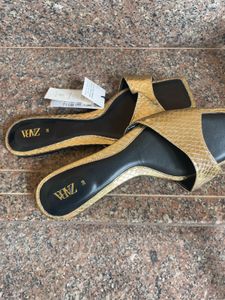 Zara Gold Snakeskin Print Slides - Size 38