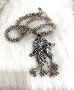 Krishna Feather & Flute - Oxidised Necklace