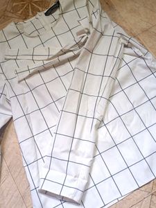 White Grid Tie-Sleeve Blouse