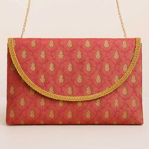 Elegant Rust Brocade Clutch with Golden Chain