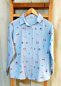 Floral Print Sky Blue Cotton Shirt Size-42