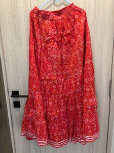 White Kurta With Bandhani Skirt