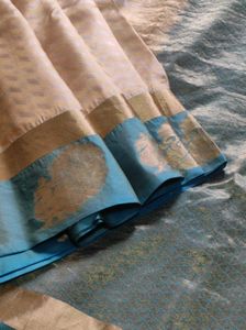 Cream And Blue Pure Silk Saree