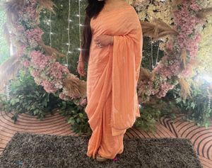 Beautiful Peach Saree with Feather Detail