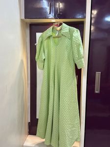 Neon Green Checkered Midi Dress With Pockets