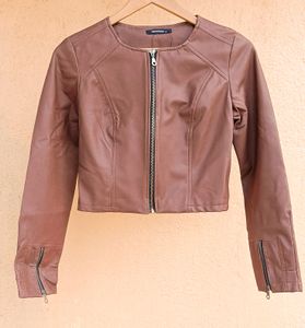 Hermosear Faux Leather Mid Brown Crop Jacket