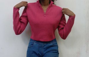 Pink Cropped Zip-Up Sweater