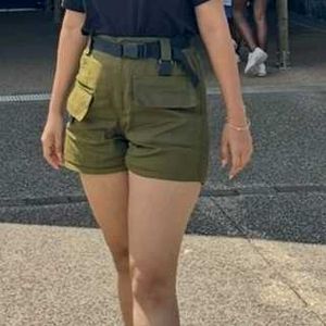 Olive .Green Cargo Shorts with Balck T shirt