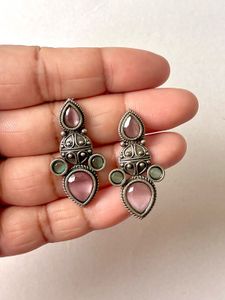 Silver Replica Earring Mint &amp; Baby Pink Stone