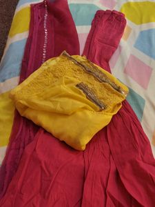 3 Peace Yellow Suit Set With Palazzo And Duppta