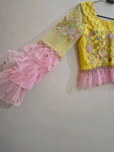 Stunning Yellow &amp; Pink Ruffle Lengha Set