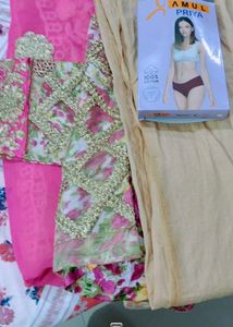 Pink &amp; Gold Saree With Petticoat And Blouse