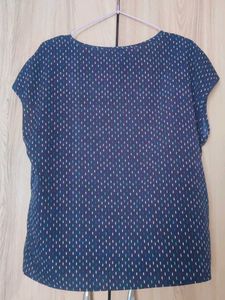 Navy Blue Patterned V-Neck Top