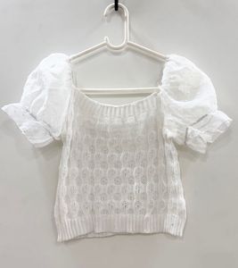 White Knit Top with Sheer Puff Sleeves