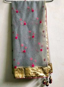 Gray & Pink Embroidered Dupatta