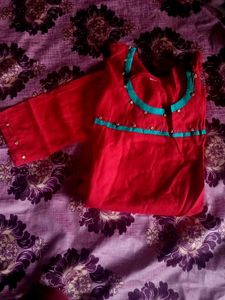 Red & Radium Green Kurti Set