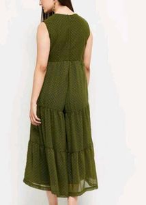 Olive Green Embroidered Tiered Midi Dress