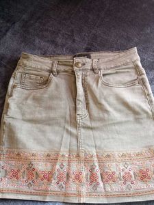 Olive Green Embroidered Denim Skirt